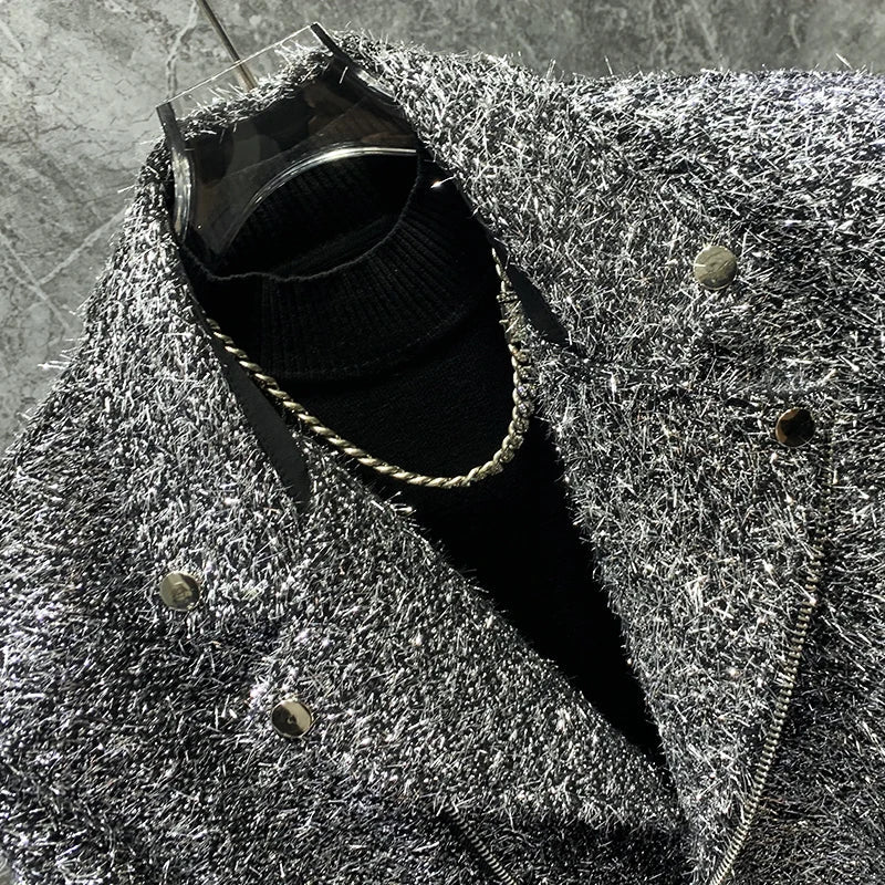 Autumn Winter High-End Bright Silk Design Short Suit Collar Jackets Loose Coat Men Handsome Fashion Trendy Male Solid Color Tops Good Vibrations