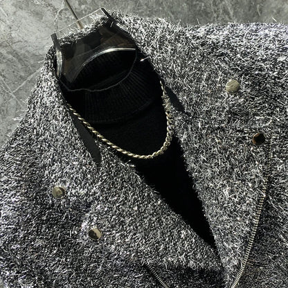 Autumn Winter High-End Bright Silk Design Short Suit Collar Jackets Loose Coat Men Handsome Fashion Trendy Male Solid Color Tops Good Vibrations