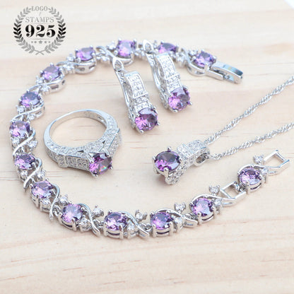 925 Sterling Silver Jewelry Sets For Women Wedding Jewelry Ladies Purple Zircon Earrings Bracelets Set Rings Pendant Necklace Good Vibrations Adult Super Store