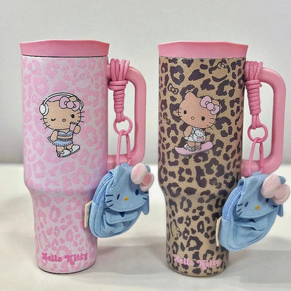 TBH Leopard Print Kitty Series Straw Thermos Cup Travel Sports Water Bottle Stainless Steel Cold Insulation Cup Girls Gift Good Vibrations