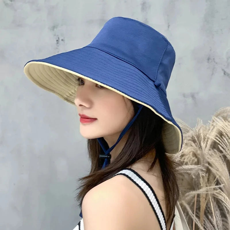 Summer Women Double-sided Bucket Hats Fashion Big Brim Foldable Solid Sun Hat Outdoor Beach Visor Caps Fisherman Cap for Travel Good Vibrations