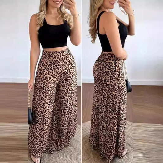 Women Two Piece Sets Outfits 2024 Summer Fashion Square Neck Sleeveless Crop Tank Top & Leopard Print Pocket Wide Leg Pants Set Good Vibrations