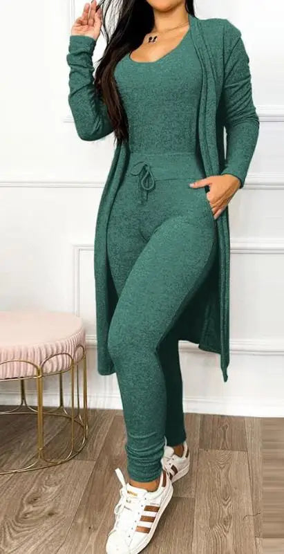 Two Piece Set Women Outfit 2023 Spring Fashion Drawstring Pocket Design U-Neck Sleeveless Skinny Jumpsuit & Long Sleeve Coat Set Good Vibrations