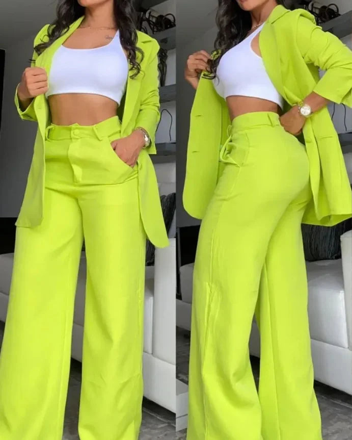 Women Pant Sets Two Piece Set Pants Turn Down Collar Single Breasted Tracksuit Outerwear Ankle Length Straight Pockets Loose Good Vibrations