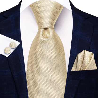 Hi-Tie Champagne Gold Striped Paisley Solid Men Silk Wedding Tie Fashion Design Necktie For Men Hanky Cufflink Business Party Good Vibrations