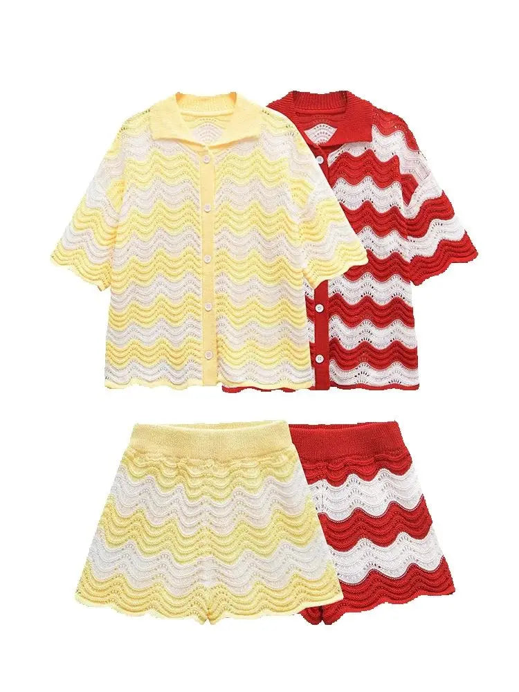 Women Temperament Single Breasted Short Sleeve Top Two Piece Set Fashion Sweet Turn-down Collar Knitted Top Sets Shorts Good Vibrations