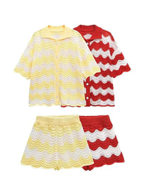 Women Temperament Single Breasted Short Sleeve Top Two Piece Set Fashion Sweet Turn-down Collar Knitted Top Sets Shorts Good Vibrations