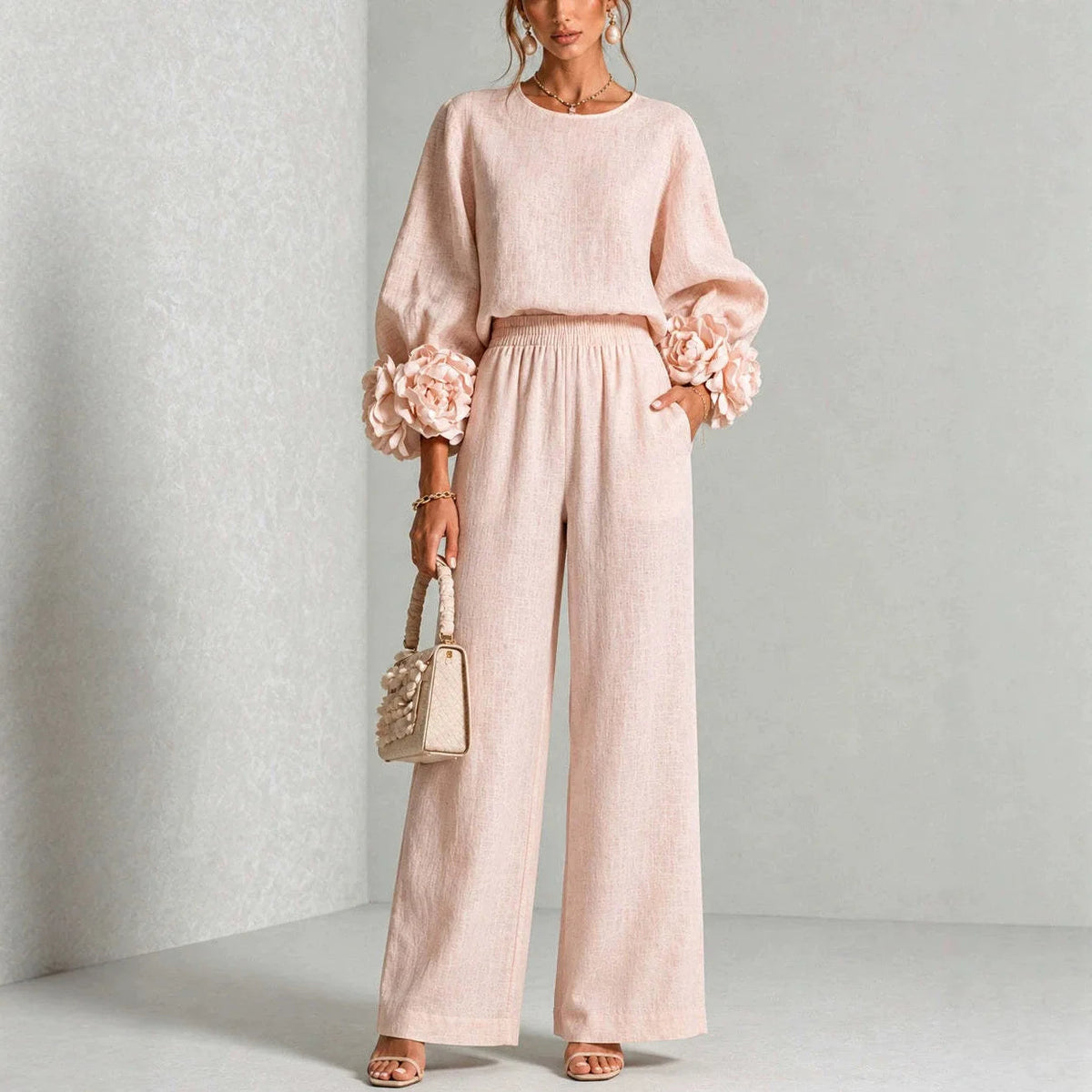 Women 2 Piece Outfit O Neck Puff Long Sleeve Top 3D Floral + Elastic Waist Wide Leg Pants Set Autumn Elegant Casual Office Suit Good Vibrations