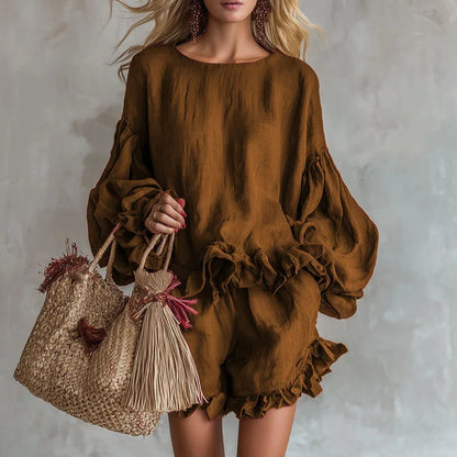 Bohemian Casual Vacation Outfits Woman Elegant O Neck Ruffle Hem Top And Beach Shorts Set Spring Solid Loose Fit Streetwear Suit Good Vibrations