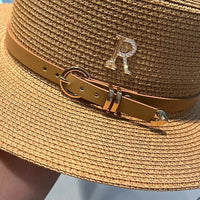 Summer Sun Hat Flat Top Straw Hats for Women New Metal R Letter Fashionable Beach Sun Hat Females Travel Holidays Boater Hat Good Vibrations