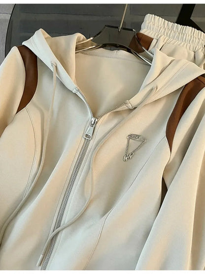 Woman's Hooded Casual Two-piece Set Fashion Zipper Long Sleeves Coat Lace-up Long Pant Suit Autumn Winter Ladies Office Outfit Good Vibrations