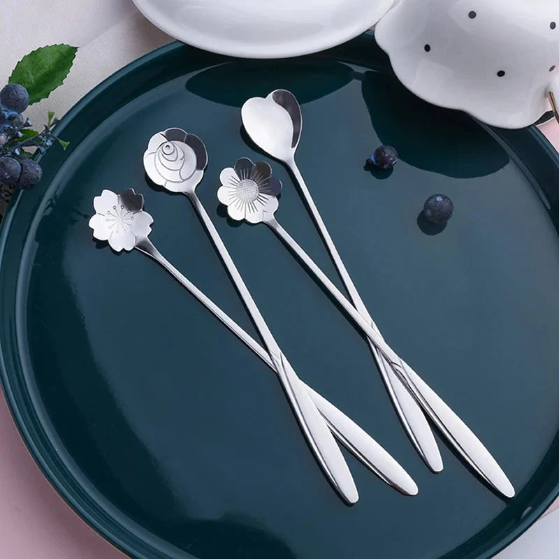 4Pcs Flower Spoon Set Small Teaspoon Coffee Spoon Cute Ice Cream Dessert Spoon Silver Gold Stainless Steel Tableware Accessories Good Vibrations
