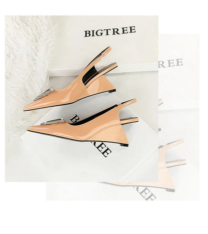 Wedges Women Shoes High Heel Shallow Pointed Toe Hollow Back Straps Patent Leather Triangle Metal Crystal Buckle Pumps Good Vibrations
