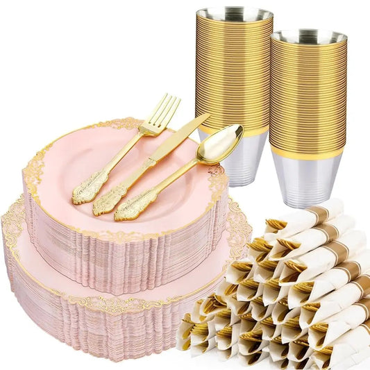 350 Pcs Pink And Gold Plastic Plates, Plastic Dinnerware Set For 50 Guests, 100 Disposable Plates, 150 Silverwares, 50 Cups, 50 Good Vibrations