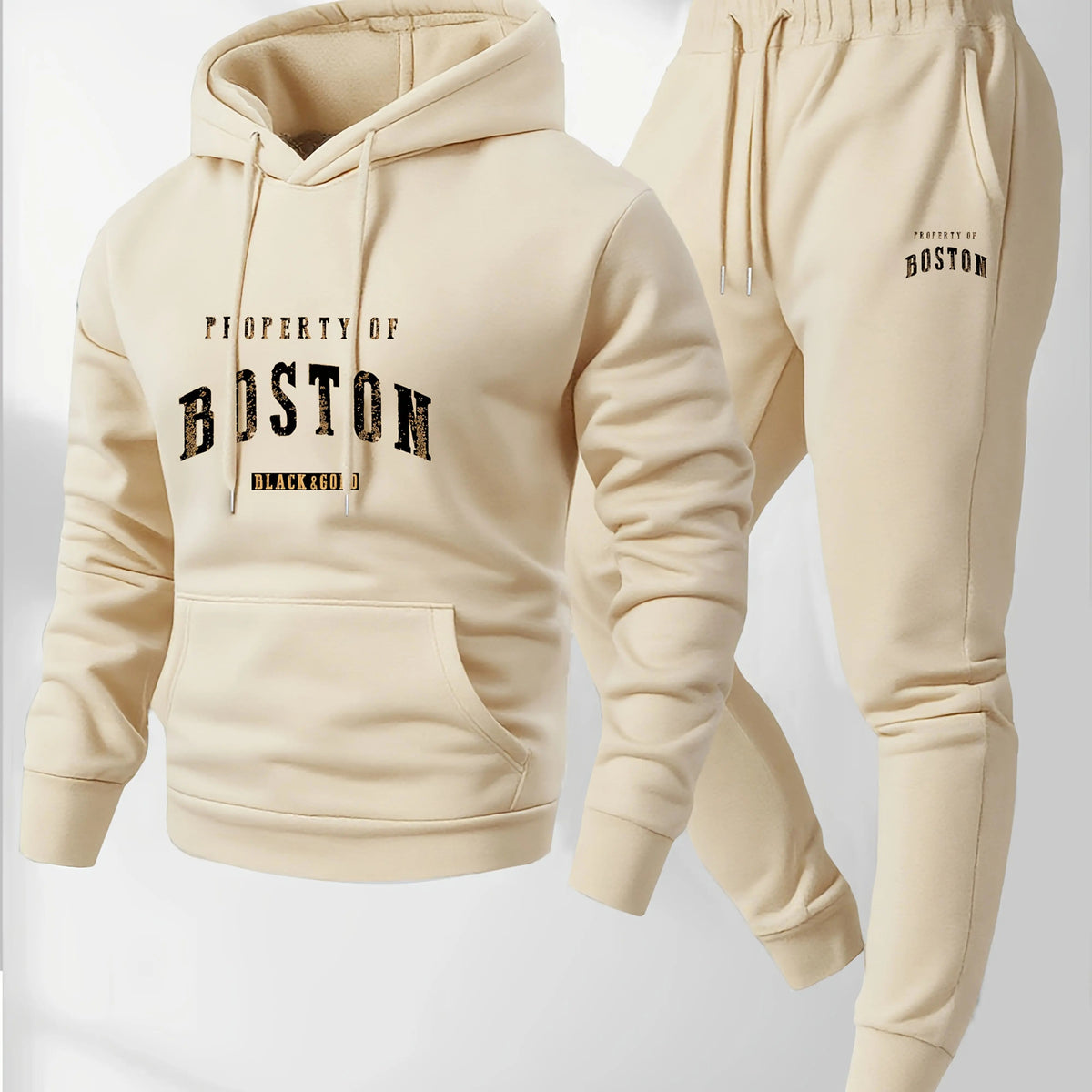 Men's Boston print hooded sweatshirt and sweatpants soft and comfortable thin velvet warm sweatpants set autumn and winter Good Vibrations