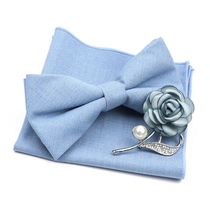 Mens Wedding Bowtie Brooch Set Romantic Solid Color Bamboo Fiber Bowknot Flower Lapel Pin Blue Pink Cravat Suit Shirt Accessory Good Vibrations