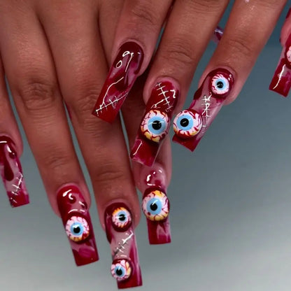 24pcs Glitter Pink Sequins Fake Nails 2025 Halloween Scary Skull Love Print False Nails Wearable European Ballet Press on Nails Good Vibrations