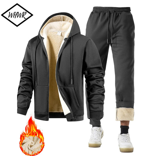 Men's Suit Two-Piece Tracksuit Plush Thickened Warm Sports Jacket+Trousers Sports Suit Winter Outdoor Casual Hoodie Sportswear Good Vibrations
