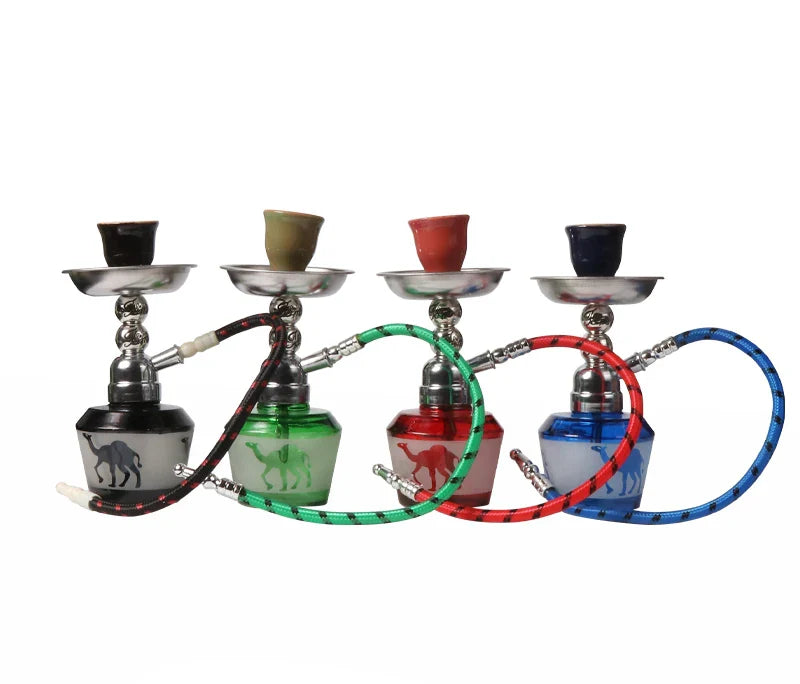 Mini glass shisha set with ceramic bowl and colorful hoses.