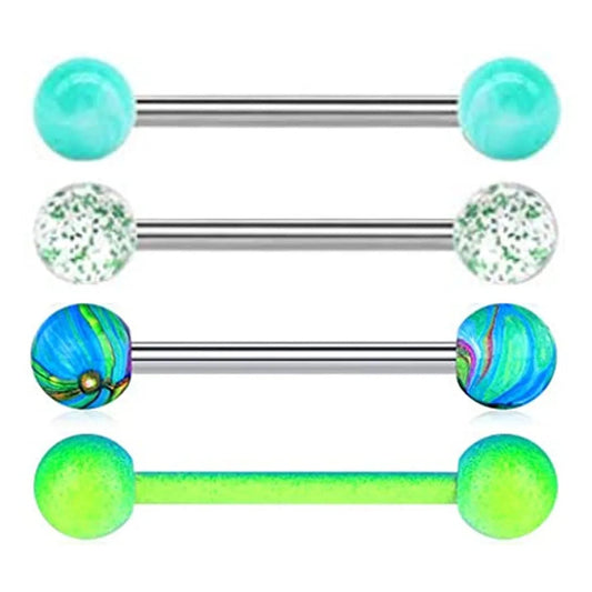 1PCS/4PCS Green Blue Acrylic Balls Tongue Barbell Splatter 316L Stainless Steel Bar Tongue Rings Piercing Good Vibrations
