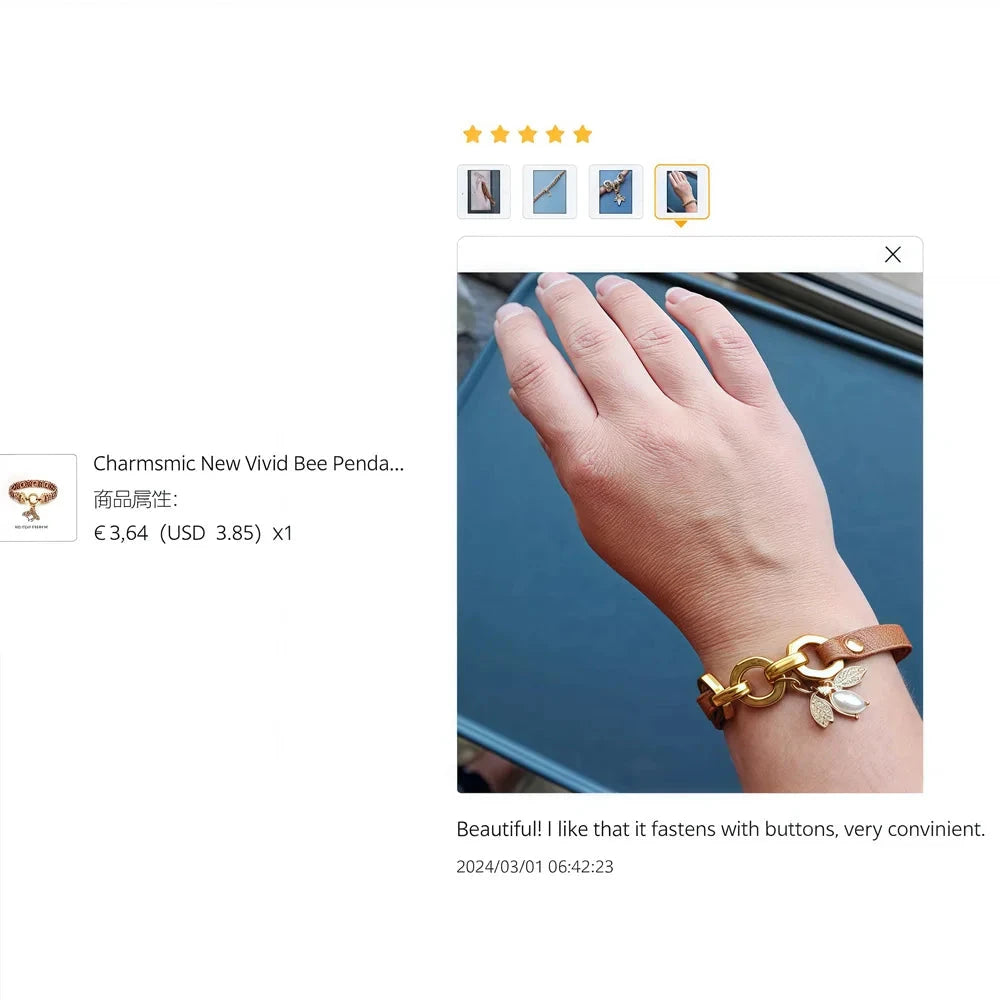 Charmsmic New Vivid Bee Pendant Charms Bracelets & Bangles For Women Punk Style Brown PU Leather Metal Button Jewelry 2024 Good Vibrations