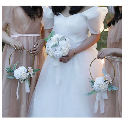 YeeNanee Wedding Gold Hoop Bouquet for Bridesmaids Floral Rose Eucalytpus Metal Ring Wreath Bridal Shower Ceremony Decoration Good Vibrations