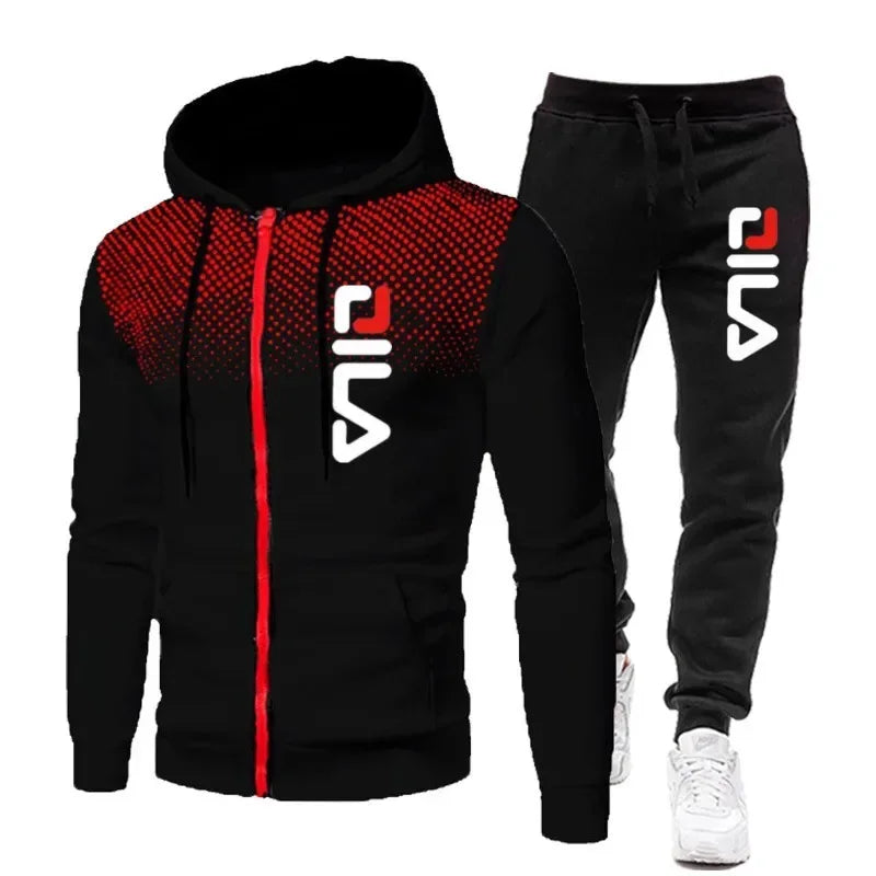 Mens Tracksuits+Sweatpants Two Pieces Suits 2025 Winter Print Zipper Hooded Sweatshirt Casual Fitness Jogging Sports Pants Sets Good Vibrations