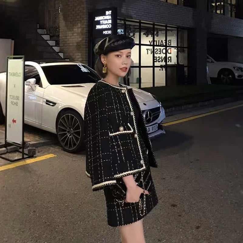 Women Fried Street Tweed Suit 2023 New Spring Autumn Wool Jacket + Skirt Female Fashion Loose Tweed Skirts Two-Piece Set Good Vibrations
