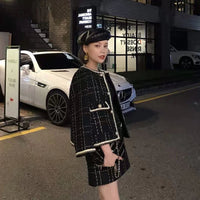 Women Fried Street Tweed Suit 2023 New Spring Autumn Wool Jacket + Skirt Female Fashion Loose Tweed Skirts Two-Piece Set Good Vibrations