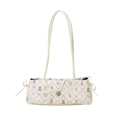 Cartoon Print Shoulder Bag Sweet Women Bow Underarm Bag Commuter Versatile Handbag Pleated Tote Bag Casual Practical Bag Good Vibrations