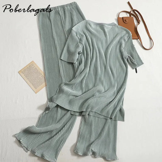 Two-piece Set Casual Pants Suit Female 2026 Summer New Temperament O Neck T-shirt  + High Waist Slit Wide Leg Pants Womens Good Vibrations