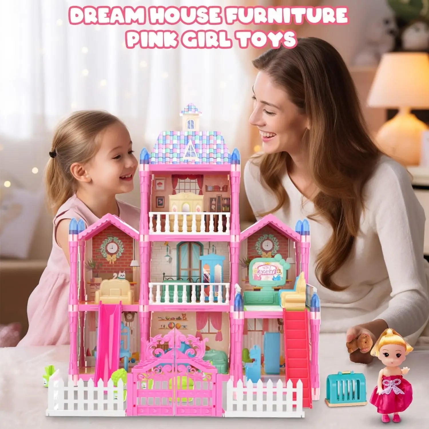 Luminous Doll House Dreamhouse for Girls Princess Playhouse Set with Dolls Furniture Accessories Pretend Play Birthday Gifts Good Vibrations