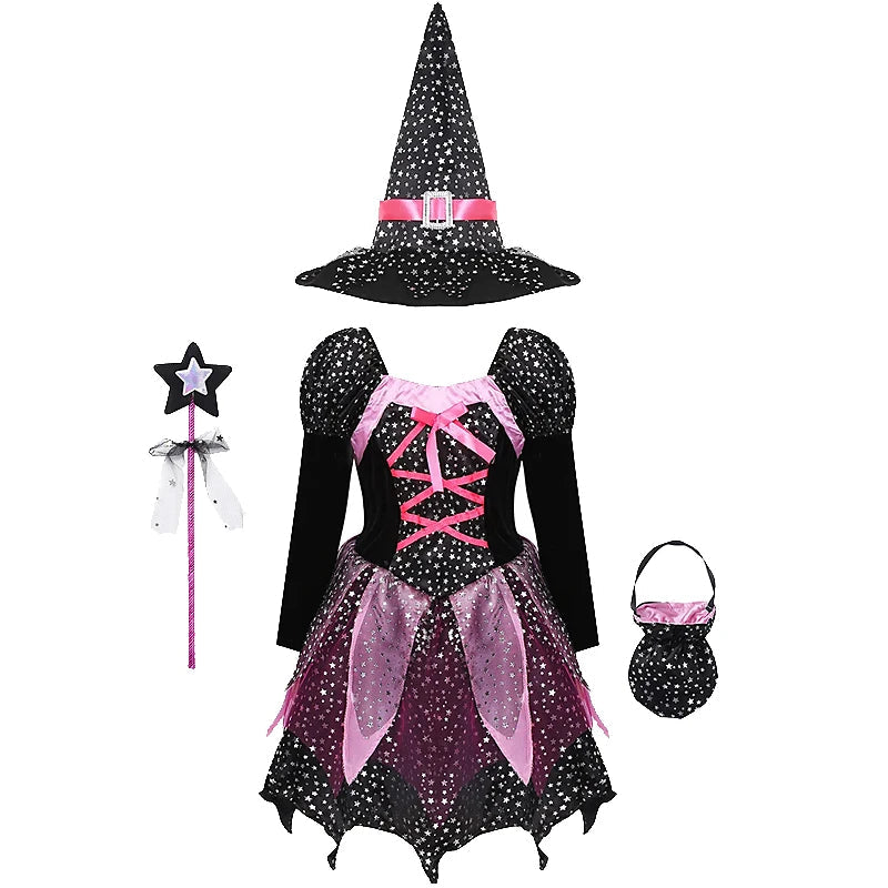 Halloween Costume for Girls Witch Vampire Carnival Party Dress Up Trappings Kids Cosplay Clothes Purple Bat Suit Holiday Gifts Good Vibrations