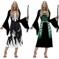 Halloween Skeleton Cosplay Costumes for Women Medieval Robe Vintage Party Hooded Dress Witch Scary Clothes Day of The Dead Good Vibrations