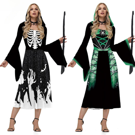 Halloween Skeleton Cosplay Costumes for Women Medieval Robe Vintage Party Hooded Dress Witch Scary Clothes Day of The Dead Good Vibrations