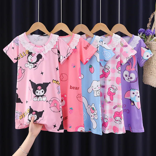 New Baby Girl Kuromi Nightgown Summer Children Short SLeeve Cartoon Nightdress Girls  Clothing Children's Pajamas Dress 3-12T Good Vibrations