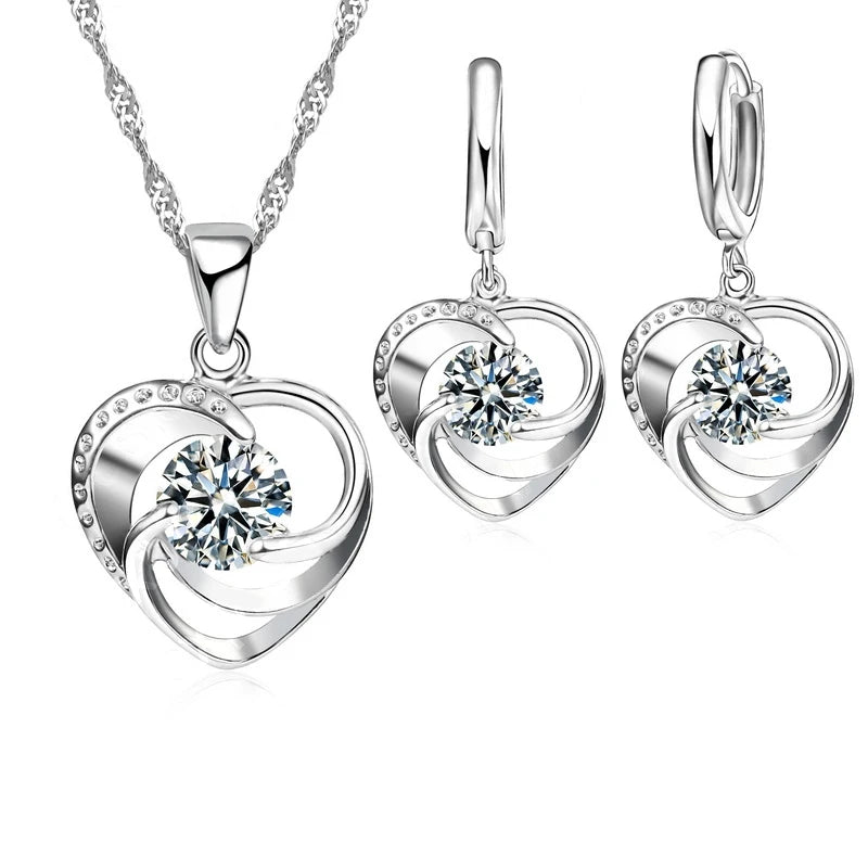 925 Sterling Silver Stamped Necklace Earrings Set Long Chain Sweet Romantic Style Love Heart Shape For Women Lady Wife Good Vibrations