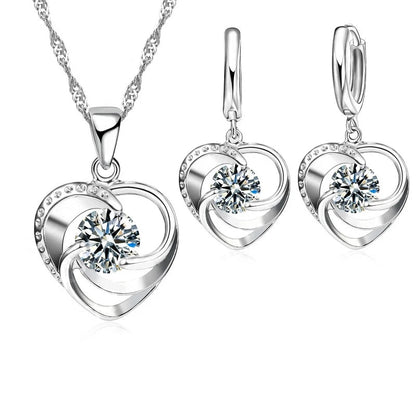 925 Sterling Silver Stamped Necklace Earrings Set Long Chain Sweet Romantic Style Love Heart Shape For Women Lady Wife Good Vibrations