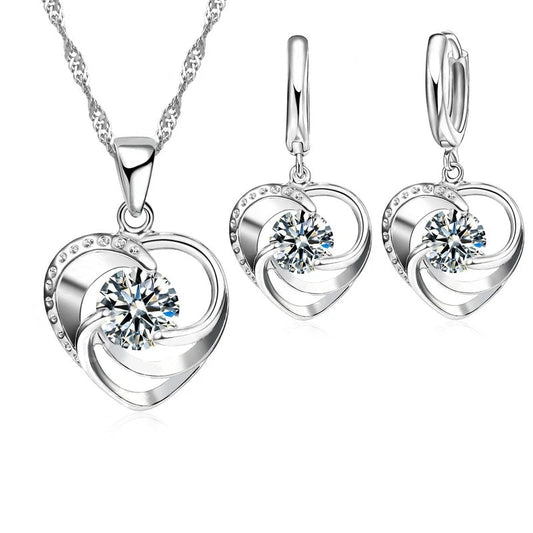 925 Sterling Silver Stamped Necklace Earrings Set Long Chain Sweet Romantic Style Love Heart Shape For Women Lady Wife Good Vibrations