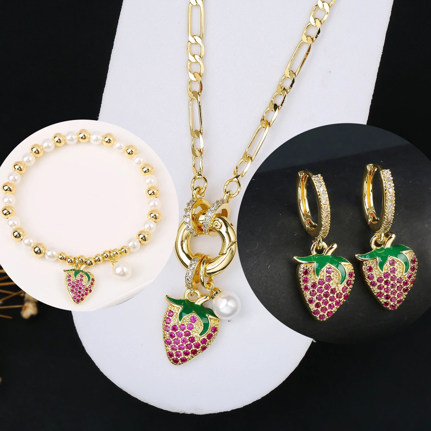 3pcs Hot Sale Shiny Zirconia Crystal Cherry Necklace Bracelet Earrings Jewelry Set Fashion for Woman Girl Wedding Lucky Jewelry Good Vibrations Adult Super Store