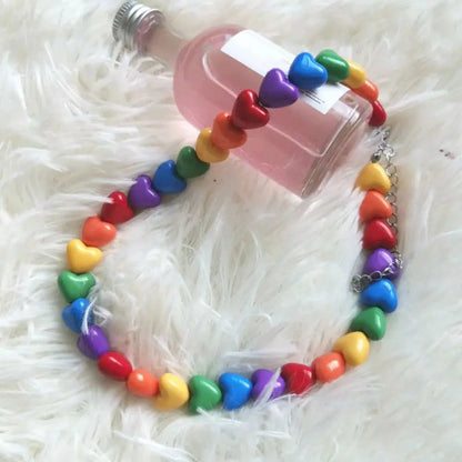 Chic Pride Rainbow Necklace Acrylic Love Adjustable Collarbone Chain Neck Jewelry Charm Heart Beaded Necklace Party Supplies Good Vibrations