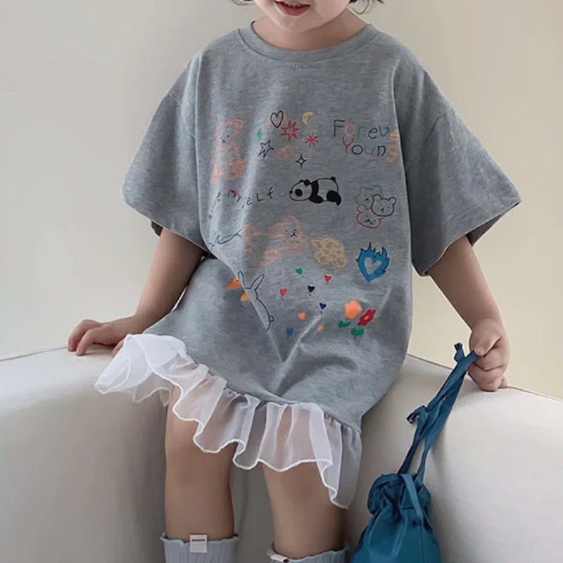 2024 Summer New Girls Short Sleeve Casual Dress Cute Flower Print Children Long T Shirts Loose Kids Princess Dress Girls Clothes Good Vibrations