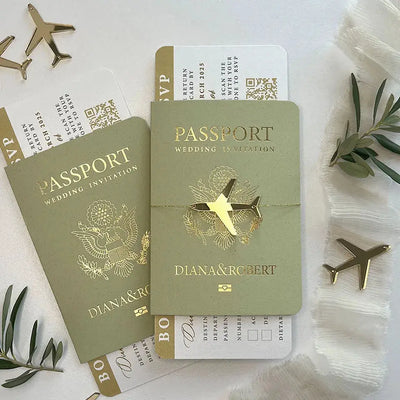 30/55pcs Sage Green Invitation, Custom Paper Passport Tickets Invite Cards With Acrylic Plane, Travel Wedding Theme Template
