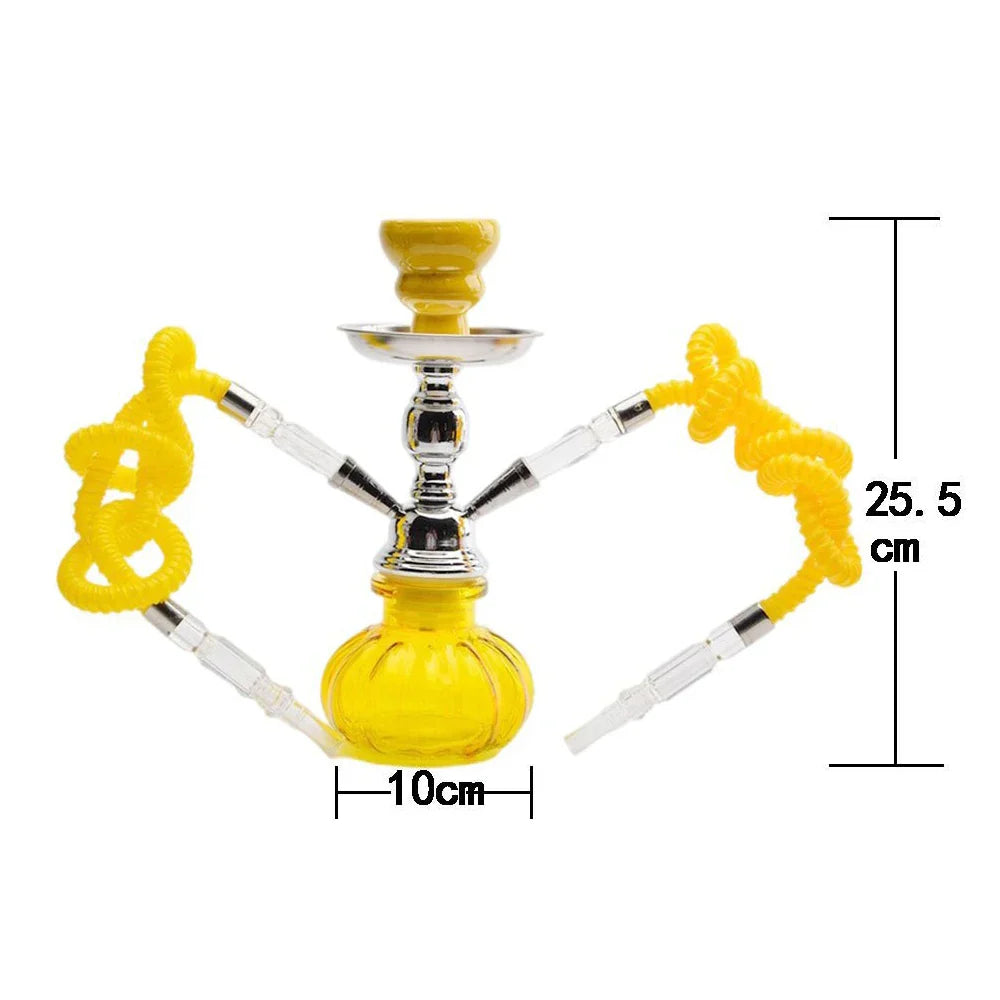 Small Glass Shisha Pipe Hookah Set with Yellow Hose, 25.5cm Height, 10cm Base Diameter