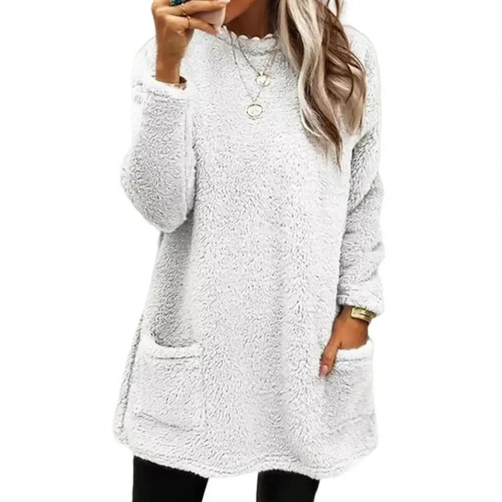 2025 Women Fall Winter Sweatshirt Thick Plush Windproof Sweatshirt Half-high Collar Warm Casual Mid Length Pockets Sweatshirt Good Vibrations