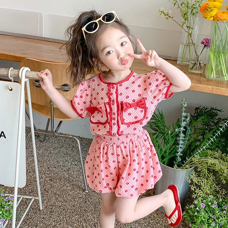 Girls Summer 2025 Children's Clothing Set Pink Cute Clothes Set Bow Blossom Top+ Bud Shorts Two Piece Girls Fashion Kids Outfit Good Vibrations