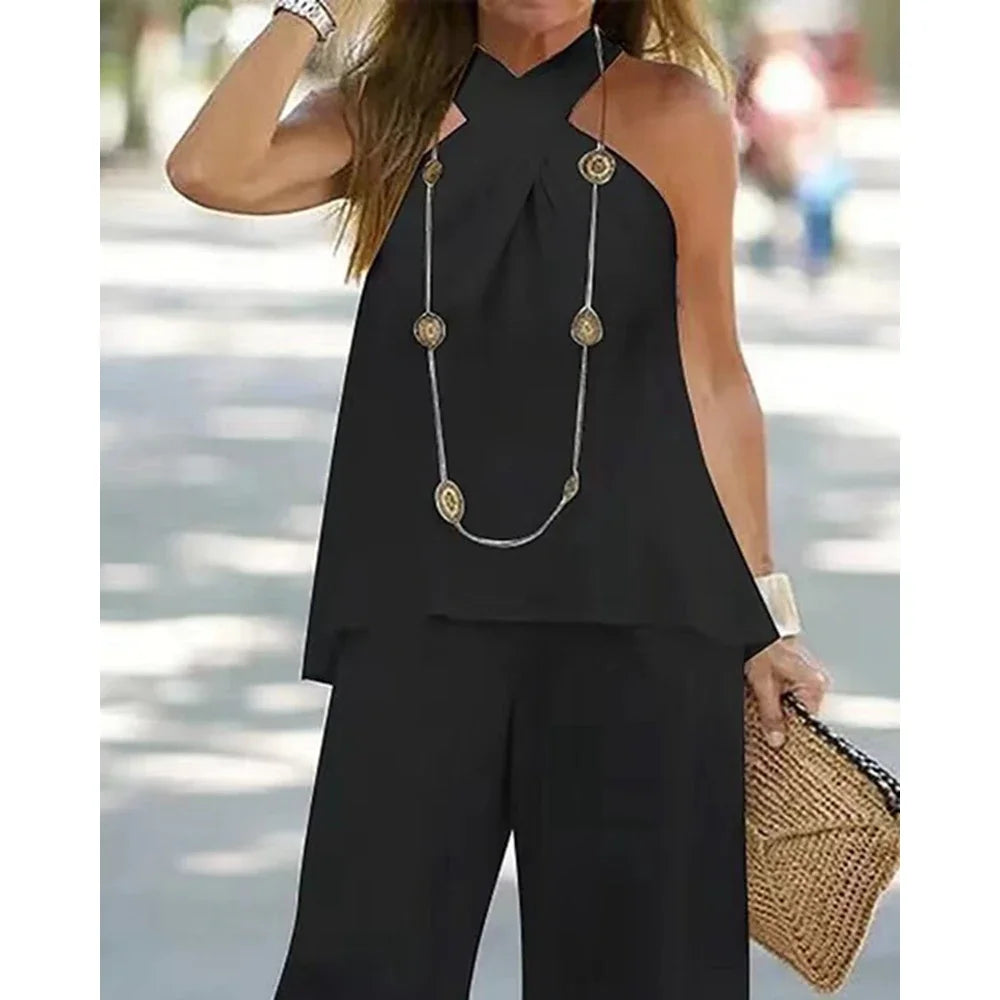 Women Two-Piece Set Halter Sleeveless V-Neck Top & High Waist Pants Set Casual Femme Fashion Loose Outfits for Woman Tracksuit Good Vibrations