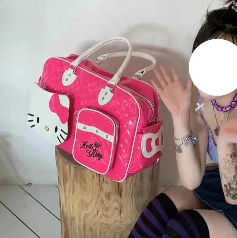 Sanrio Hello Kitty Large Capacity Crossbody Bag Pink Shoulder Bags For Women Y2k Sweet Girl PU Leather Handbag Good Vibrations