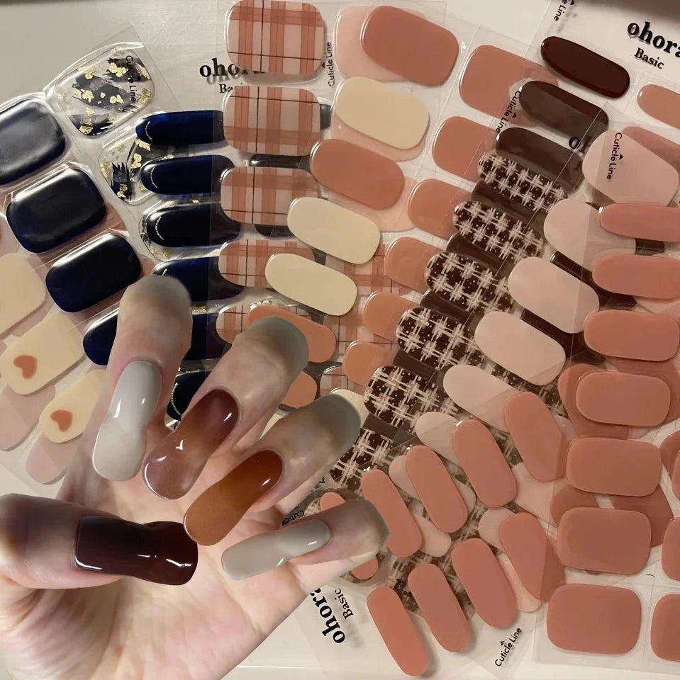 UV semi-cured gel nail wraps in various French and nude tones with plaid and solid patterns, full coverage adhesive nail stickers.