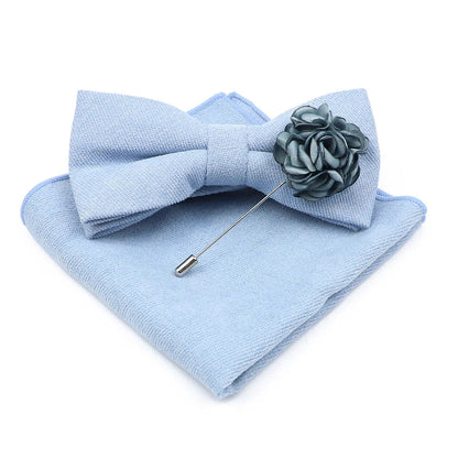 Mens Solid Color Cotton Bowtie Pocket Square Brooch Sets Pink Blue Super Soft Suede Bow Tie Handkerchief For Wedding Party Gift Good Vibrations